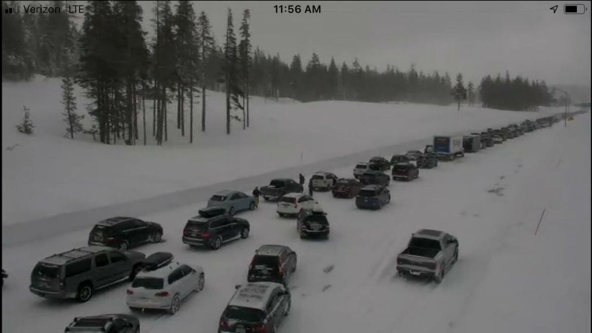 Snowy conditions cause massive pileup at Donner Pass